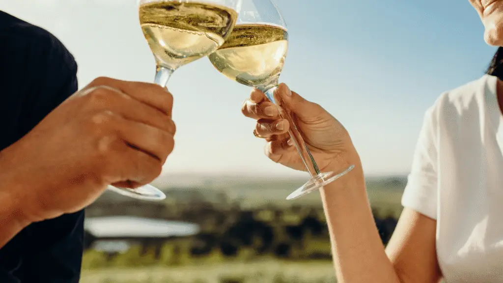 Due persone che brindano con un bicchiere di vino bianco all'aperto, con uno sfondo sfocato di paesaggio verde e cielo azzurro, a suggerire un momento di festa o di relax.