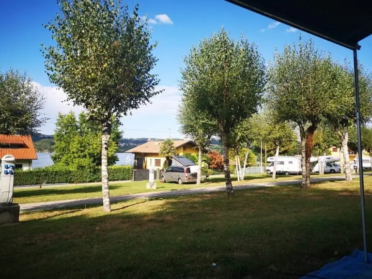 A row of saplings runs along a meadow next to a road; In the background, under a blue sky dotted with clouds, you can see some houses and campers parked. Behind the buildings you can see a lake.