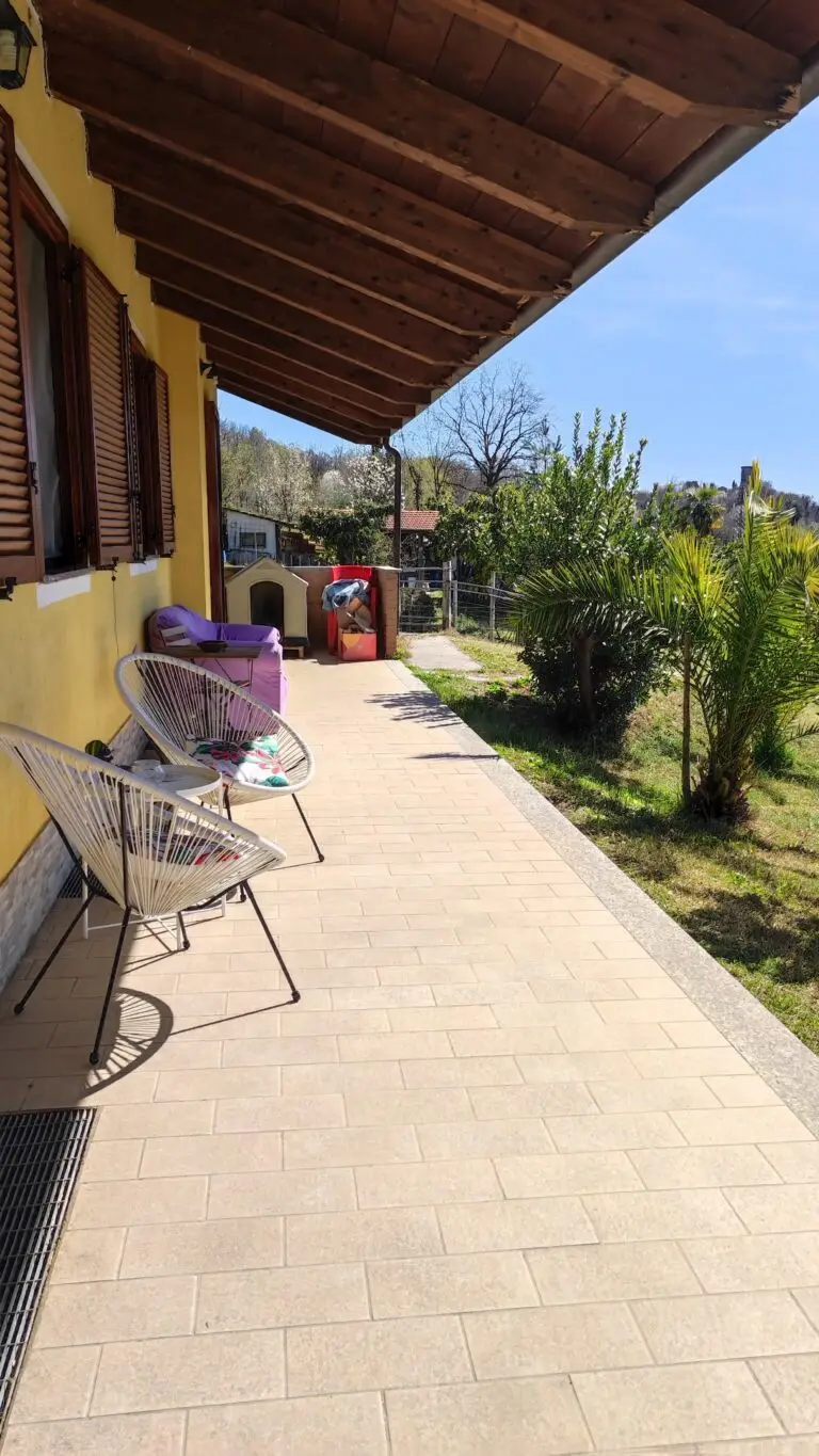 Una veranda soleggiata con pareti gialle, due sedie moderne in filo metallico, un divano viola e un tavolino si affaccia su un giardino erboso con palme e arbusti sotto un cielo azzurro e limpido.