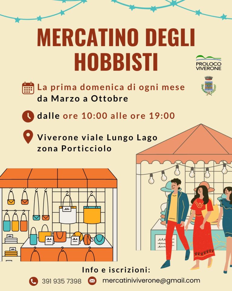 Volantino colorato per il “Mercatino degli Hobbisti” con bancarelle illustrate, abiti, borse e persone che curiosano. Informazioni sull’evento: la prima domenica di ogni mese, da marzo a ottobre, dalle 10:00 alle 19:00, a Viverone, Italia. Recapiti inclusi.